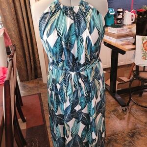 Tropical Leaf Halter Maxi Dress - Teal/Green